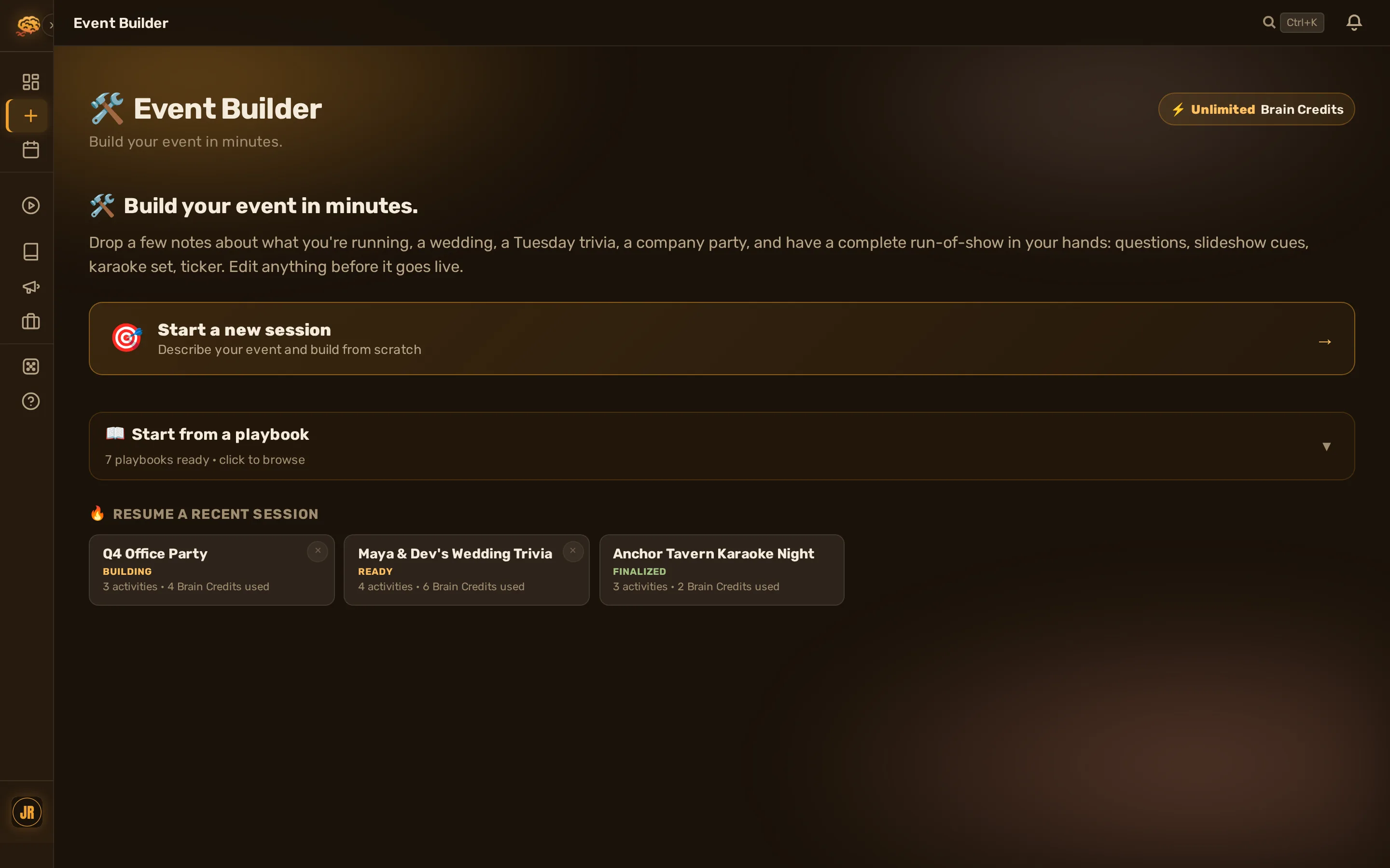 The Event Builder chat turning a plain-text brief into a run-of-show with generated questions
